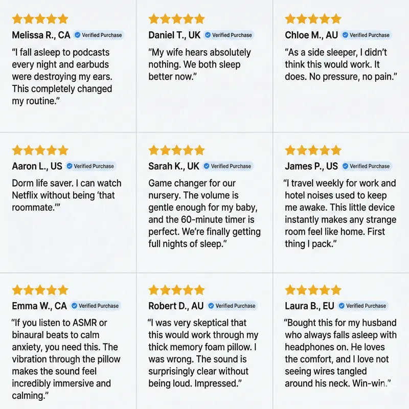 Elmwood Dreampad – customer reviews and testimonials for the bone conduction pillow speaker on white background