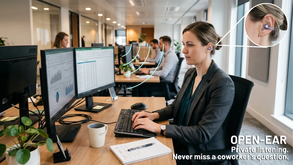 using open-ear earbuds for private listening, yet staying aware in the office
