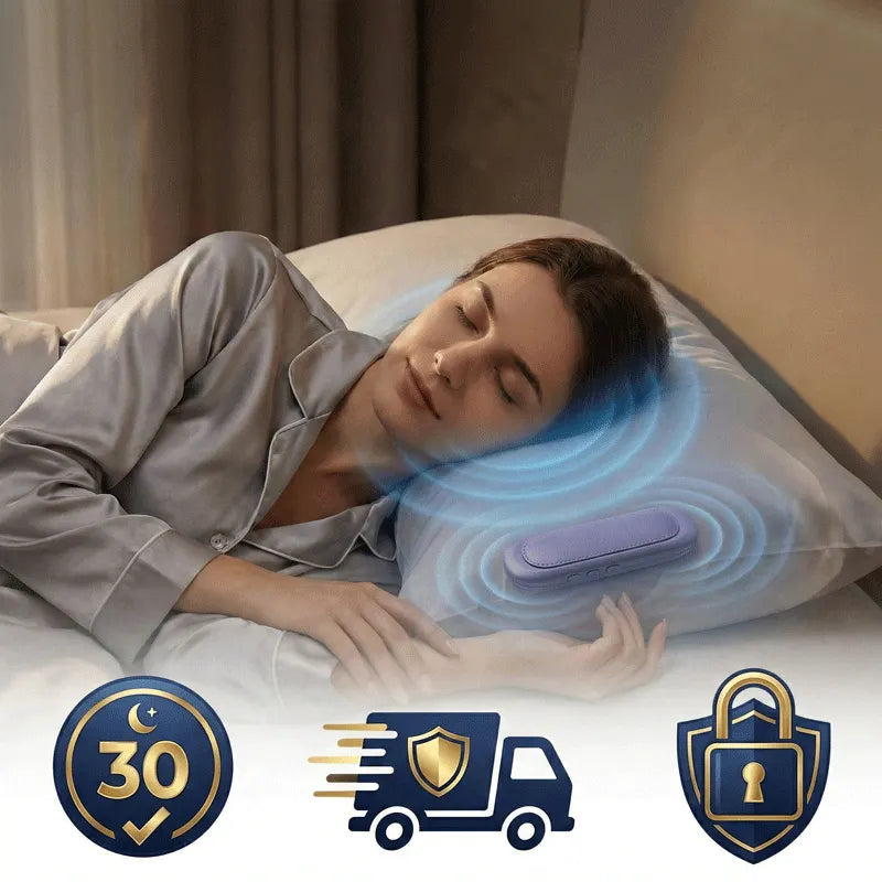 Elmwood Dreampad – woman sleeping with a bone conduction pillow speaker, surrounded by guarantee icons and call-to-action text