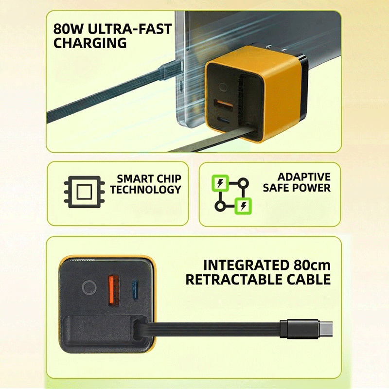 Elmwood™ Smart Charger - 80W GaN Multi-Port PD • Retractable Cable