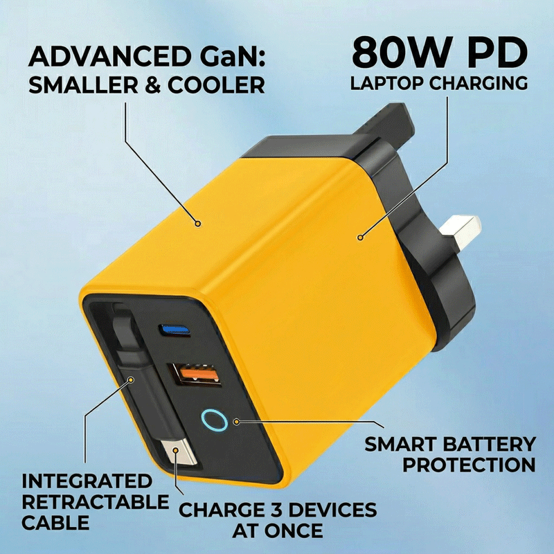Elmwood™ Smart Charger - 80W GaN Multi-Port PD • Retractable Cable