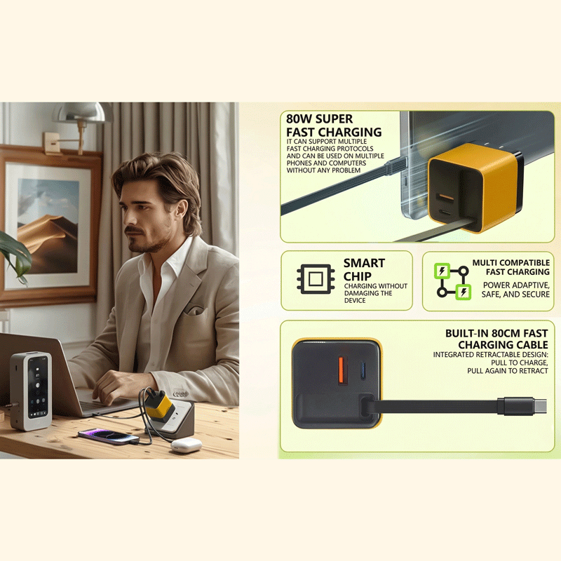 Elmwood™ Smart Charger - 80W GaN Multi-Port PD • Retractable Cable