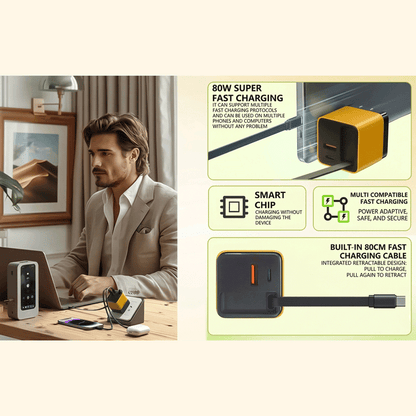 Elmwood™ Smart Charger - 80W GaN Multi-Port PD • Retractable Cable