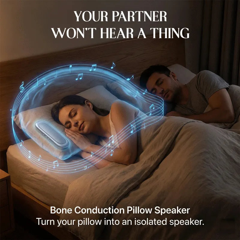 Elmwood Dreampad – Couple sleeping with a bone conduction pillow speaker in a bedroom setting.