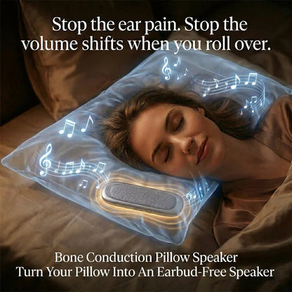 Elmwood Dreampad – woman sleeping with a bone conduction pillow speaker under a pillow
