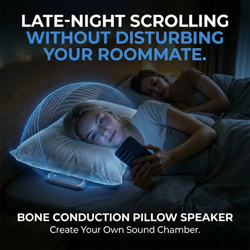 Elmwood Dreampad – two people lying in bed with a bone conduction pillow speaker, for late-night listening without disturbing a partner or roommate