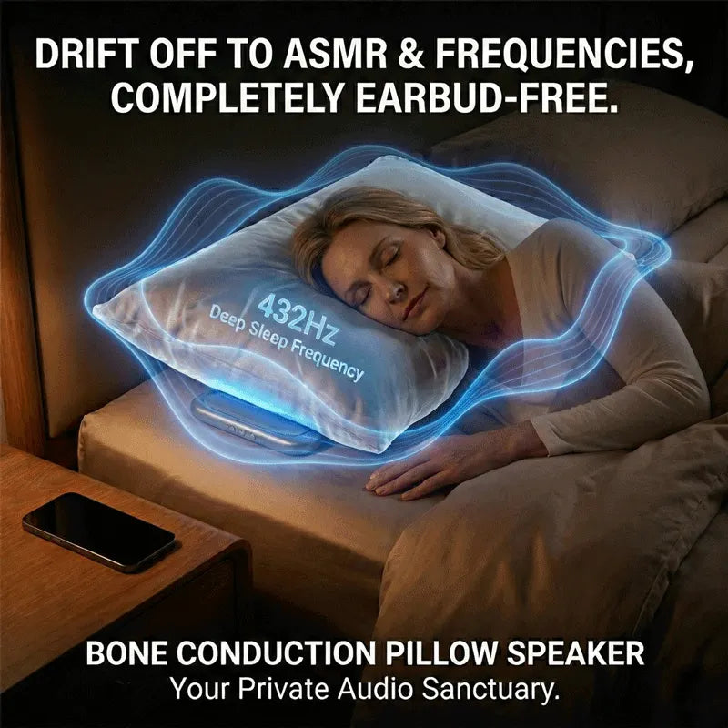 Elmwood Dreampad – woman sleeping on a pillow with bone conduction technology, surrounded by text about ASMR and frequencies