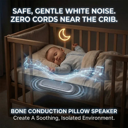Elmwood Dreampad – baby sleeping in a crib with a bone conduction pillow speaker nearby for safe, gentle white noise