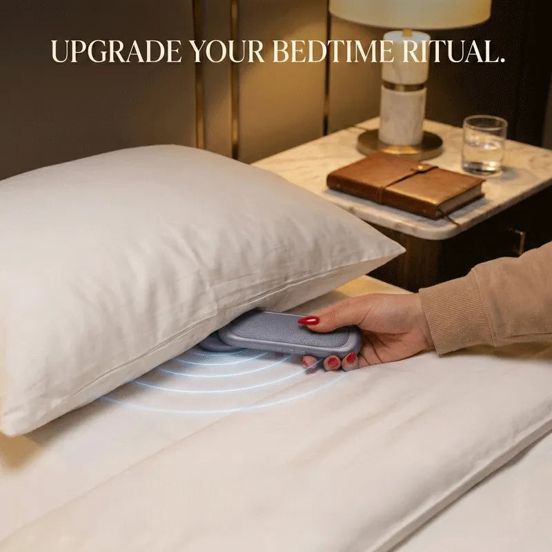 Elmwood Dreampad – hand placing a bone conduction pillow speaker under a pillow to set up for sleep