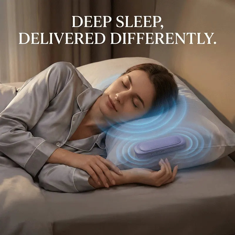 Elmwood Dreampad – woman sleeping with a bone conduction pillow speaker, with text 'Deep Sleep, Delivered Differently.'