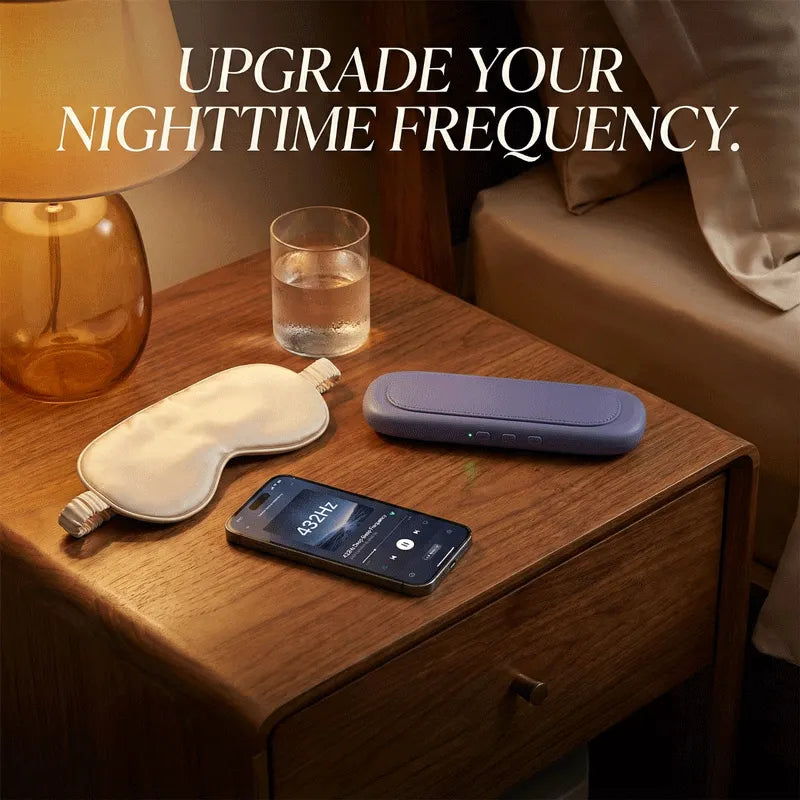 Elmwood Dreampad – nightstand styled with sleep mask, phone, and bone conduction pillow speaker for a complete sleep routine