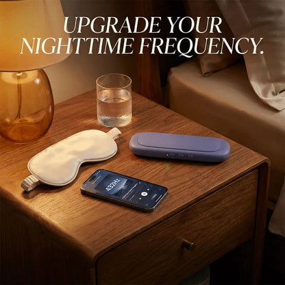 Elmwood Dreampad – nightstand styled with sleep mask, phone, and bone conduction pillow speaker for a complete sleep routine