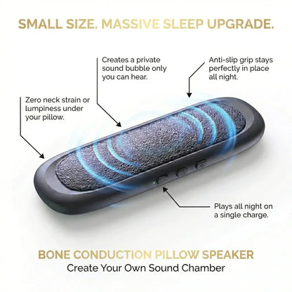 Elmwood Dreampad bone conduction pillow speaker on white background with key features highlighted