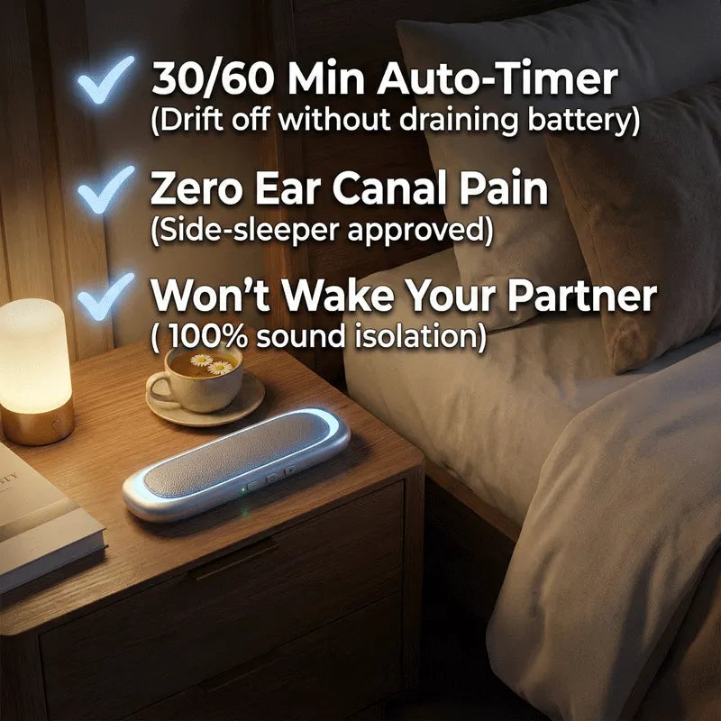 Elmwood Dreampad bone conduction pillow speaker on a nightstand with key features highlighted